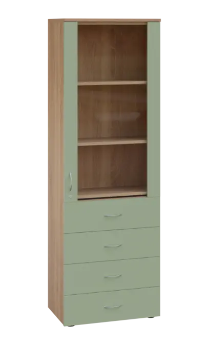 LE - 64 skříň léková prosklená, pravá, korpus dub bardolino, dvířka šedo-zelinkavá